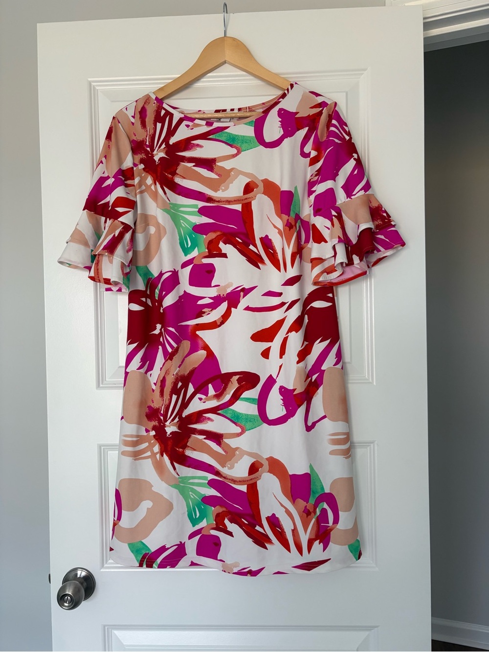 Floral Dress with Ruffle Sleeves Pink Bold Multicolor Dress Size Large